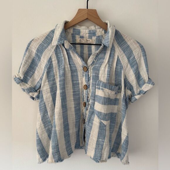 We The Free x Free People Striped Linen Blend Shirt Medium - Picture 2 of 6